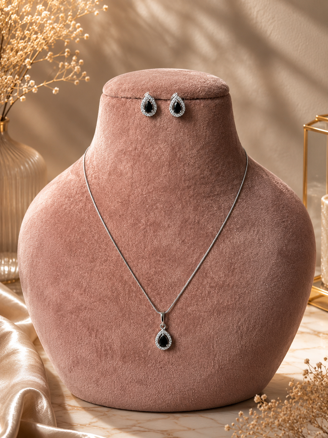 Black AD Teardrop Necklace & Earrings Set