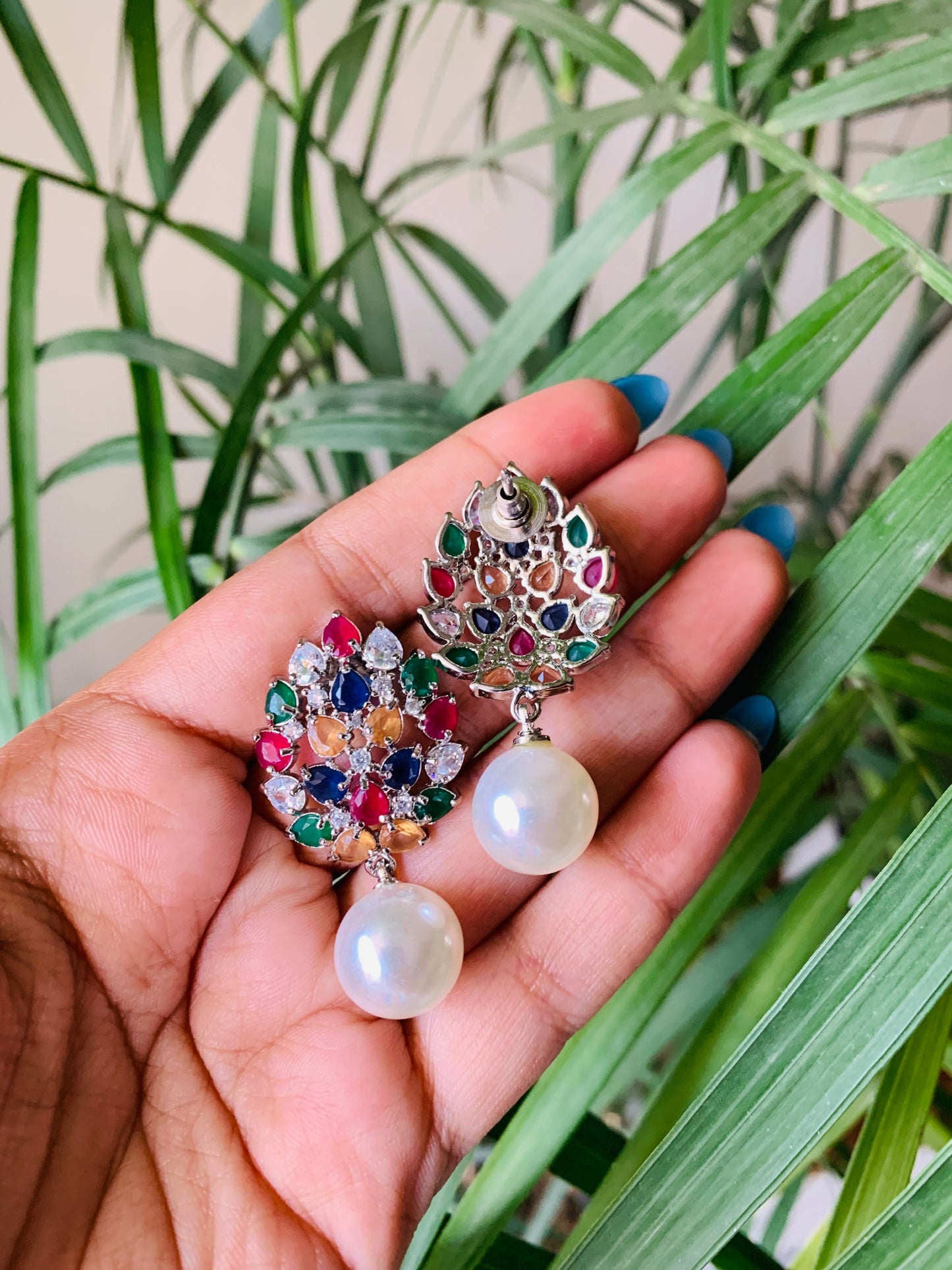 Leaf Stud Earrings with Pearl Drop