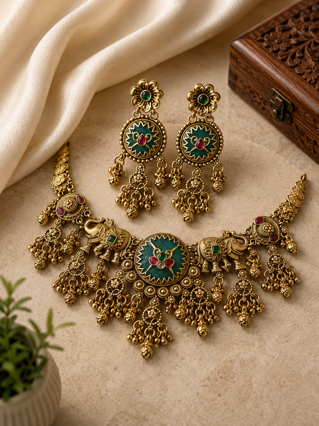 Royal Elephant Temple Choker Necklace Set