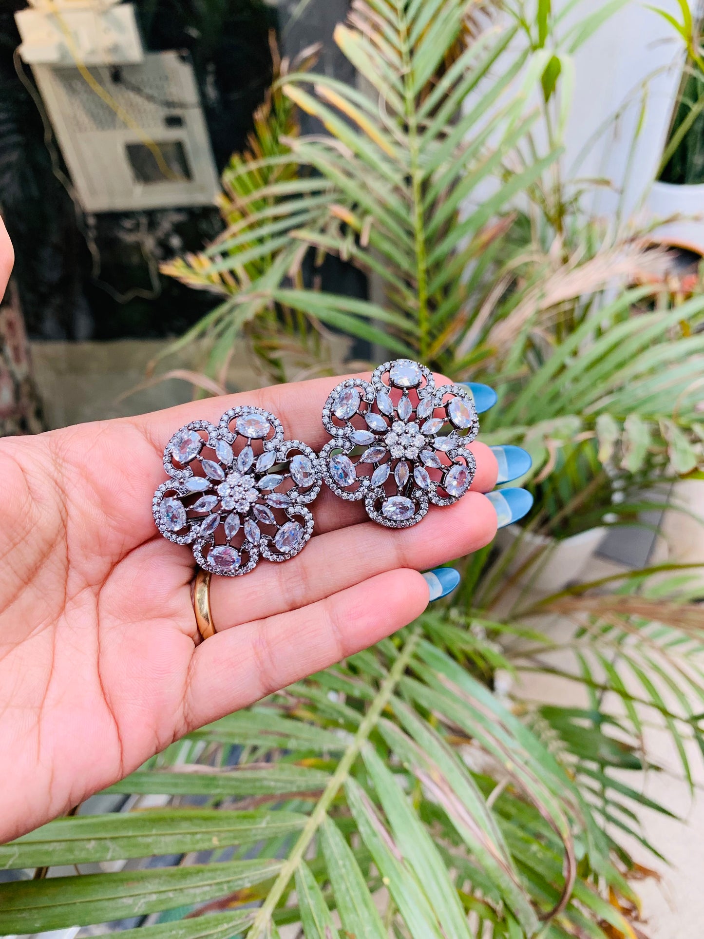 American Diamond Big Flower Shaped Studs