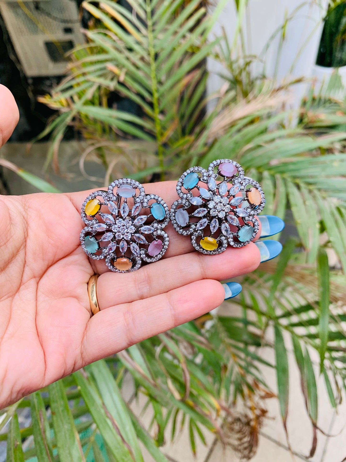 American Diamond Big Flower Shaped Studs