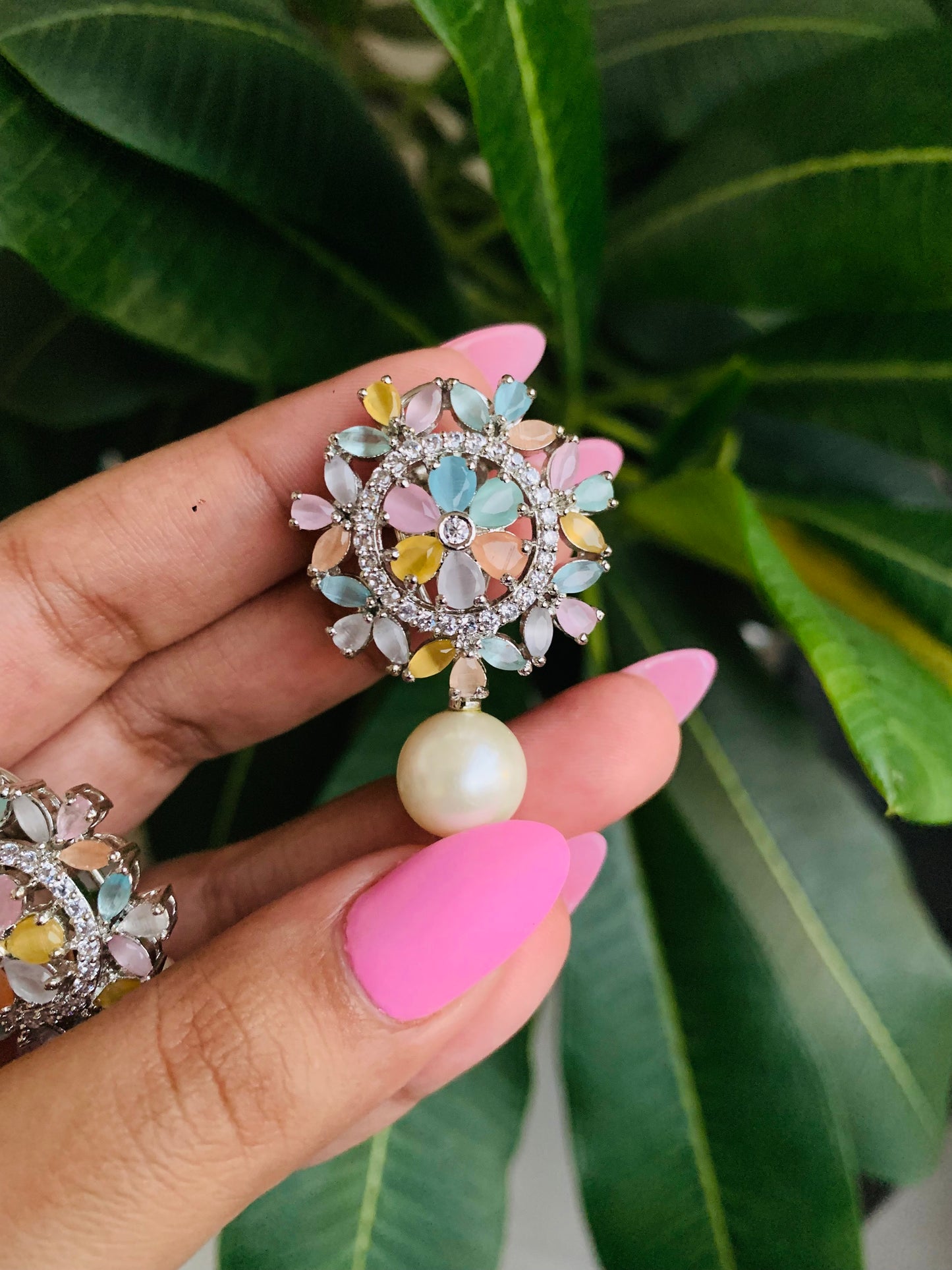 American Diamond Round Stud Earrings with Pearl Drops