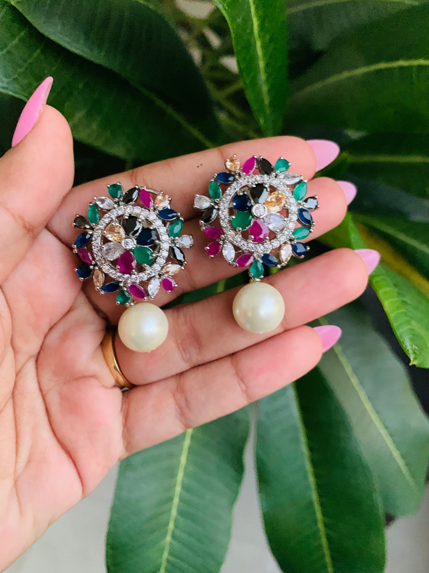 American Diamond Round Stud Earrings with Pearl Drops