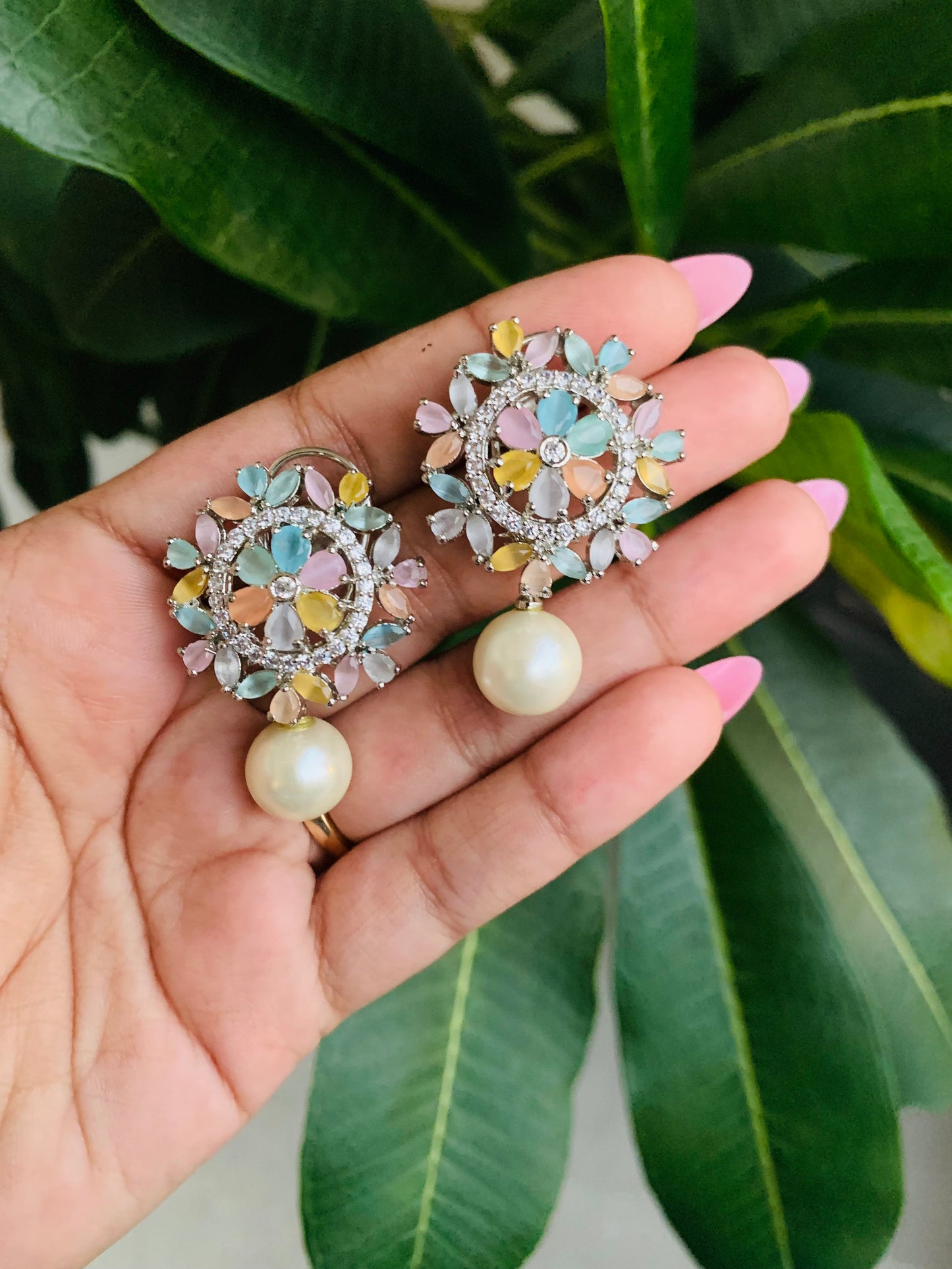 American Diamond Round Stud Earrings with Pearl Drops