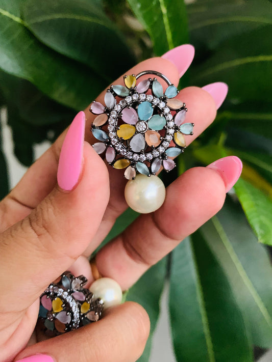 American Diamond Round Stud Earrings with Pearl Drops