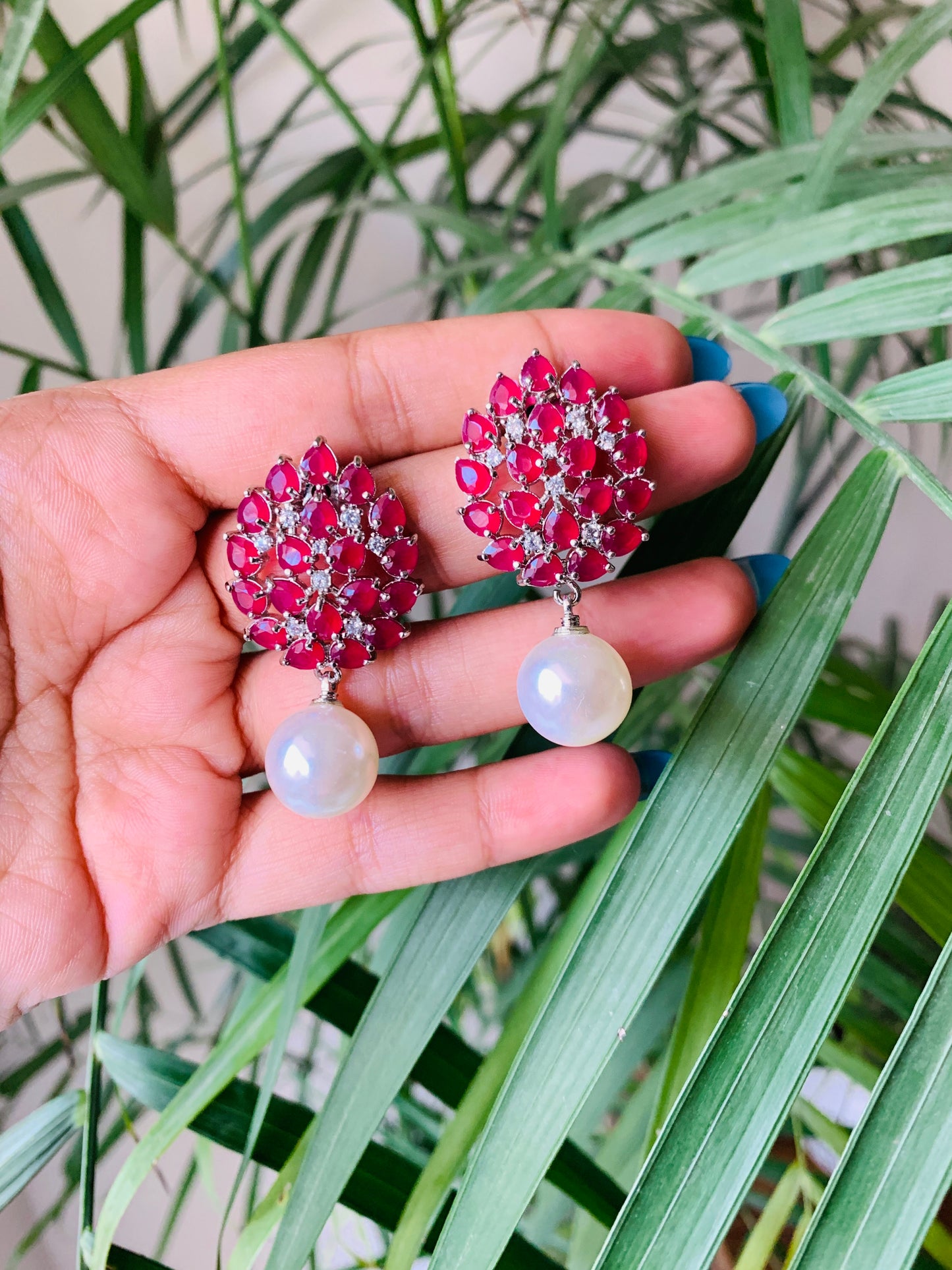 Leaf Stud Earrings with Pearl Drop