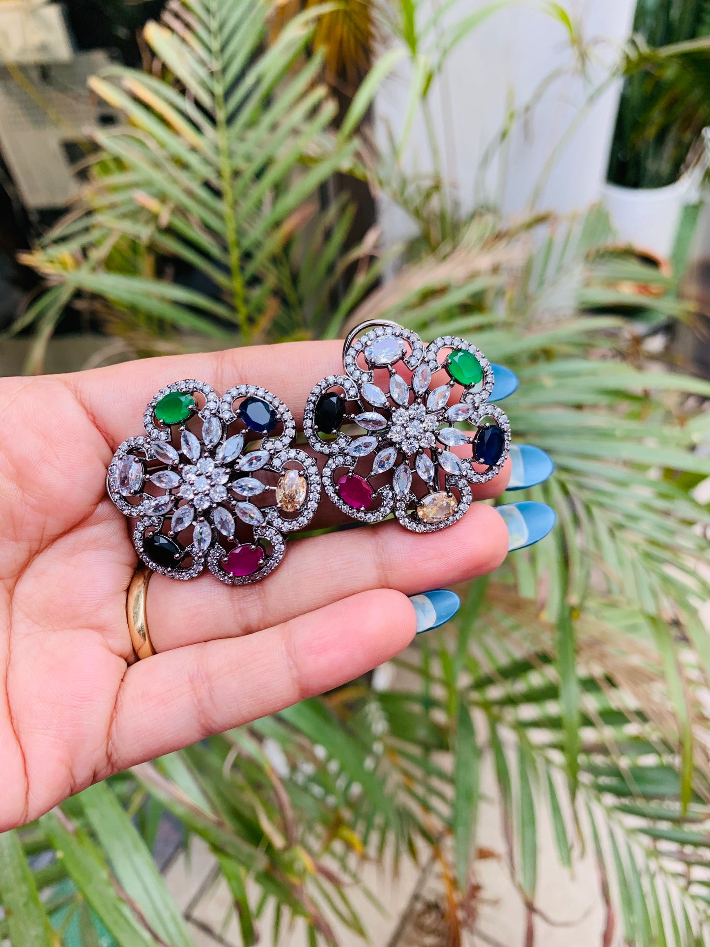 American Diamond Big Flower Shaped Studs