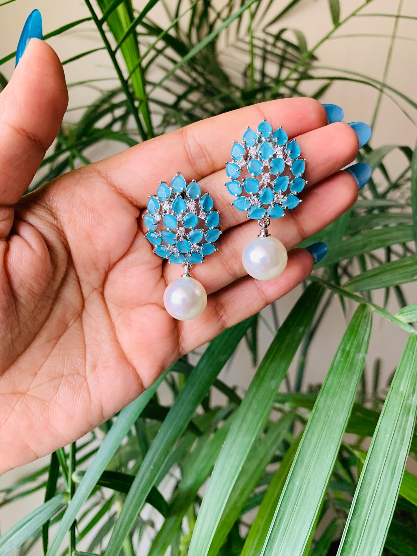 Leaf Stud Earrings with Pearl Drop