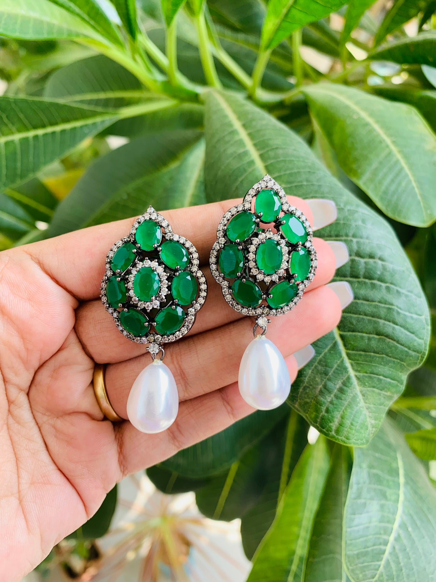 Big Multicolor Stud Earrings with Pearl Drop