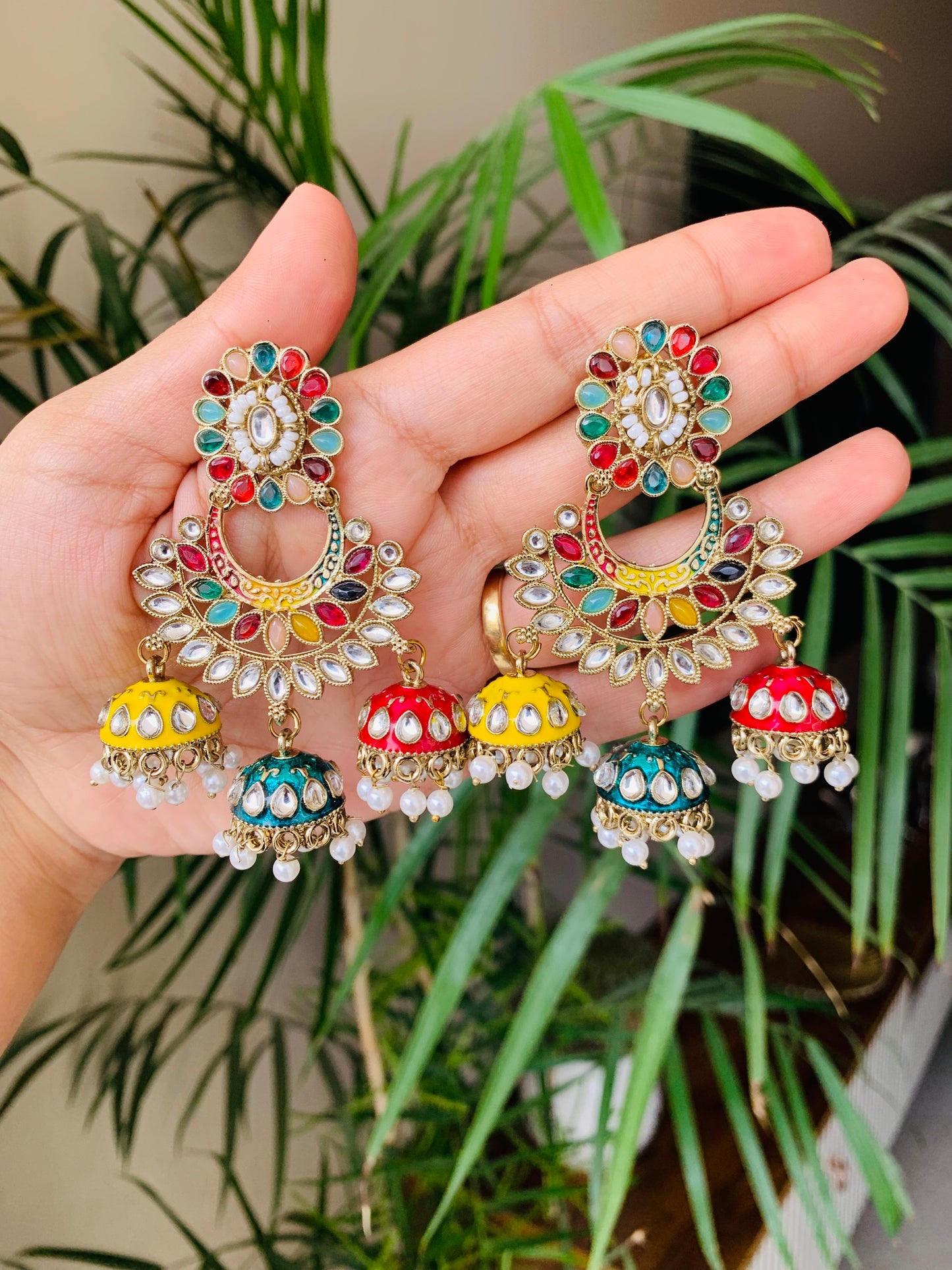 Traditional Earrings With Three Jhumka Drops