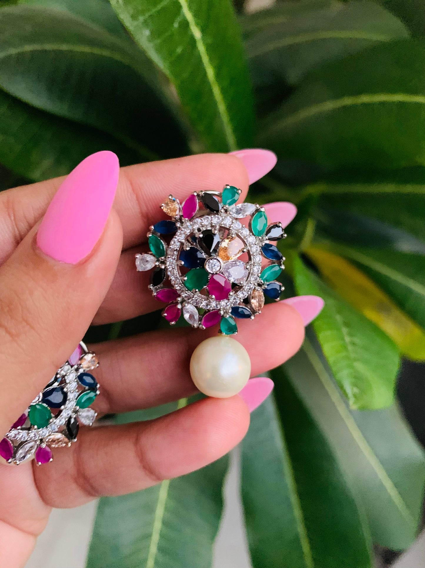 American Diamond Round Stud Earrings with Pearl Drops
