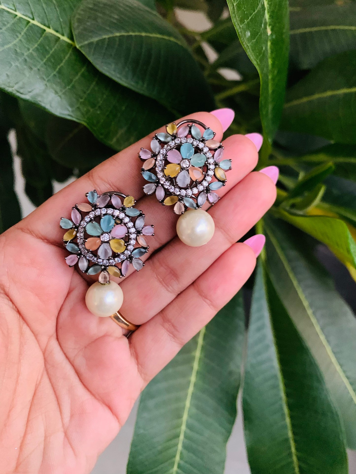 American Diamond Round Stud Earrings with Pearl Drops