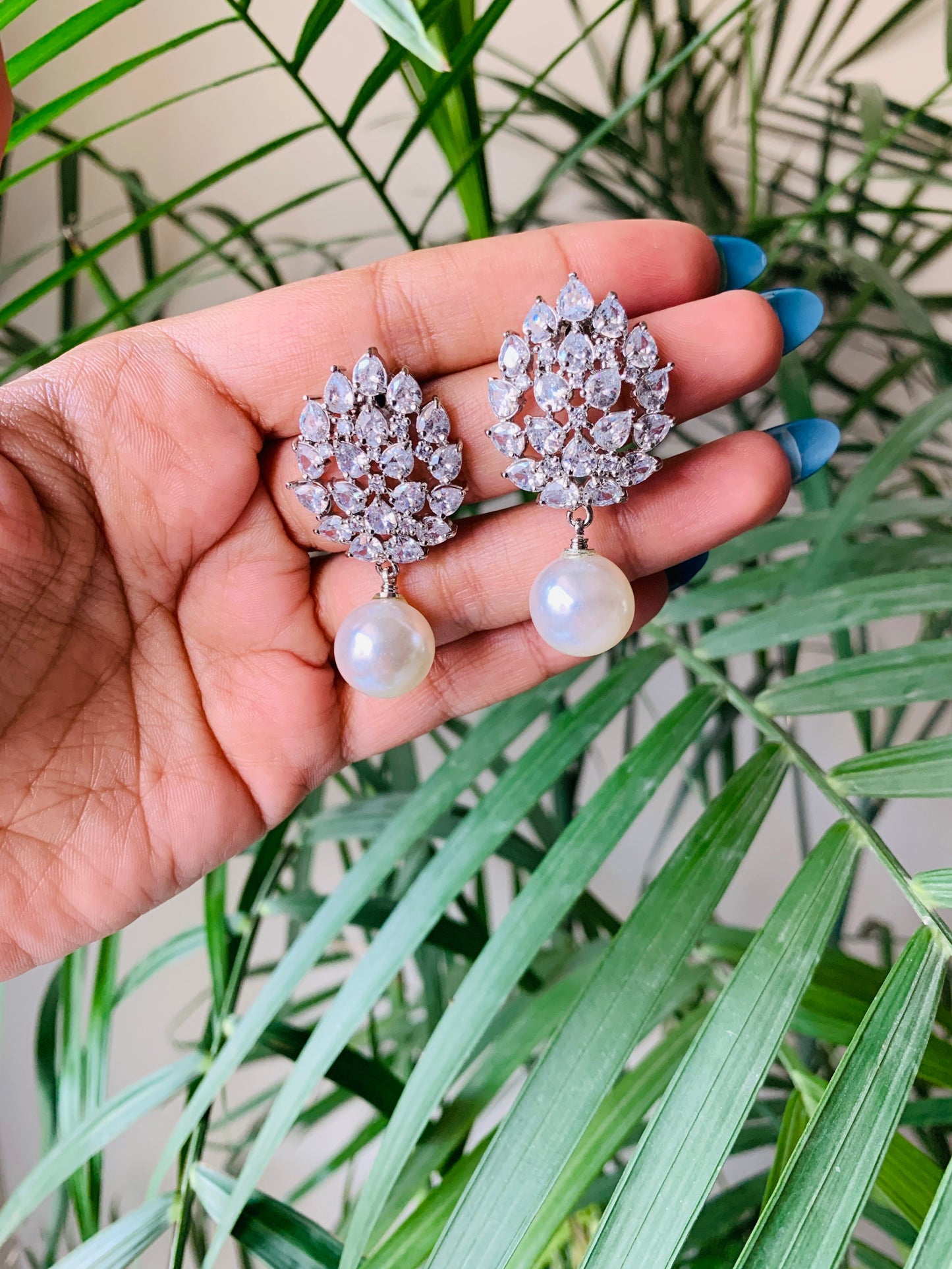 Leaf Stud Earrings with Pearl Drop