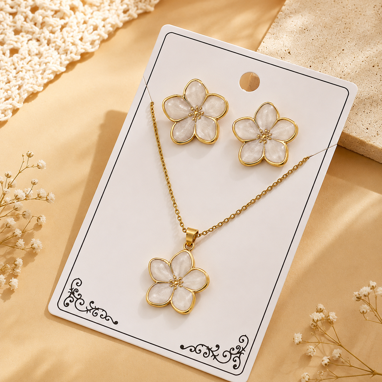 White Flower Necklace & Earrings Set
