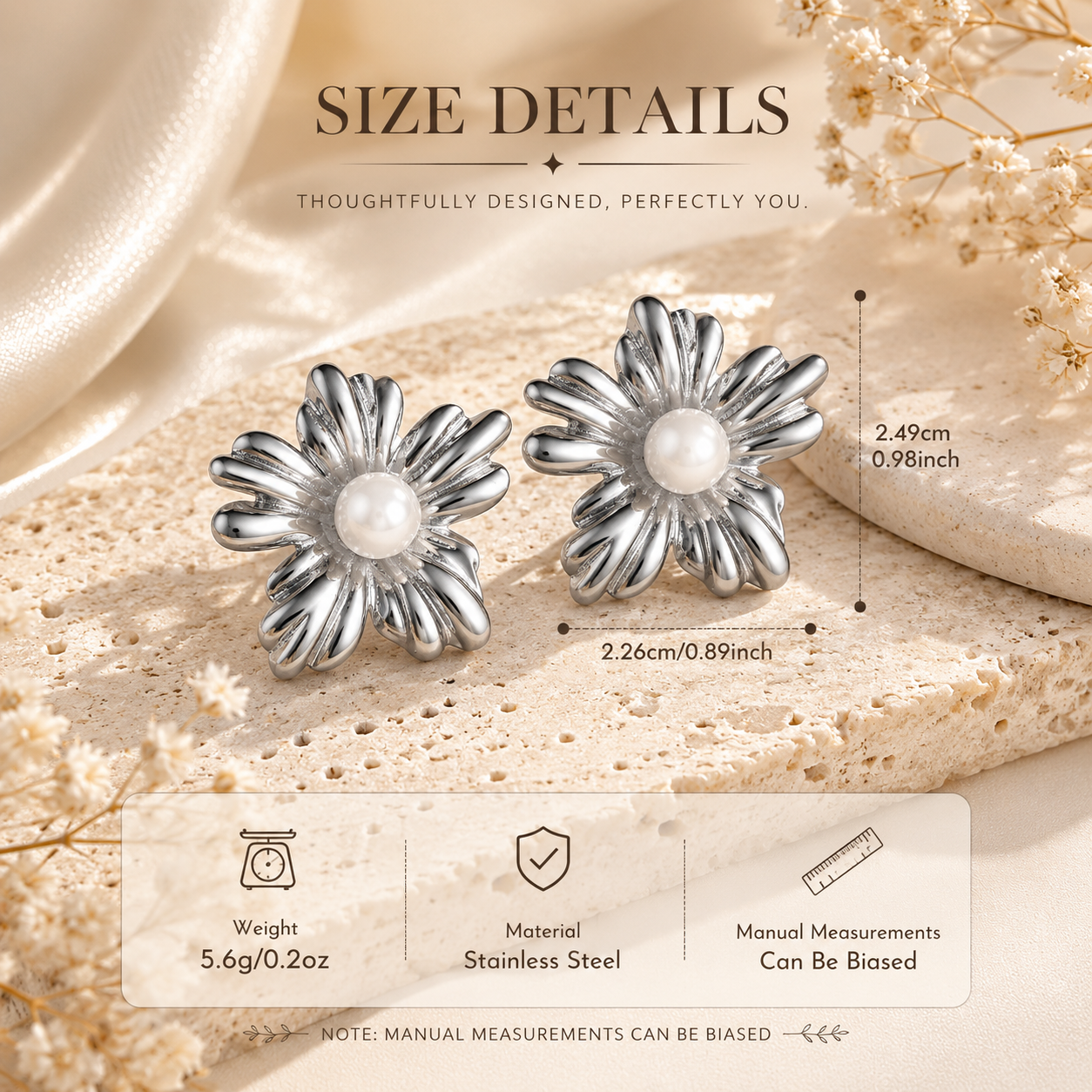 Silver Flower Pearl Stud Earrings