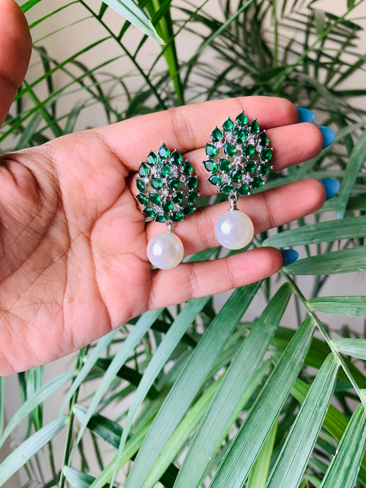 Leaf Stud Earrings with Pearl Drop