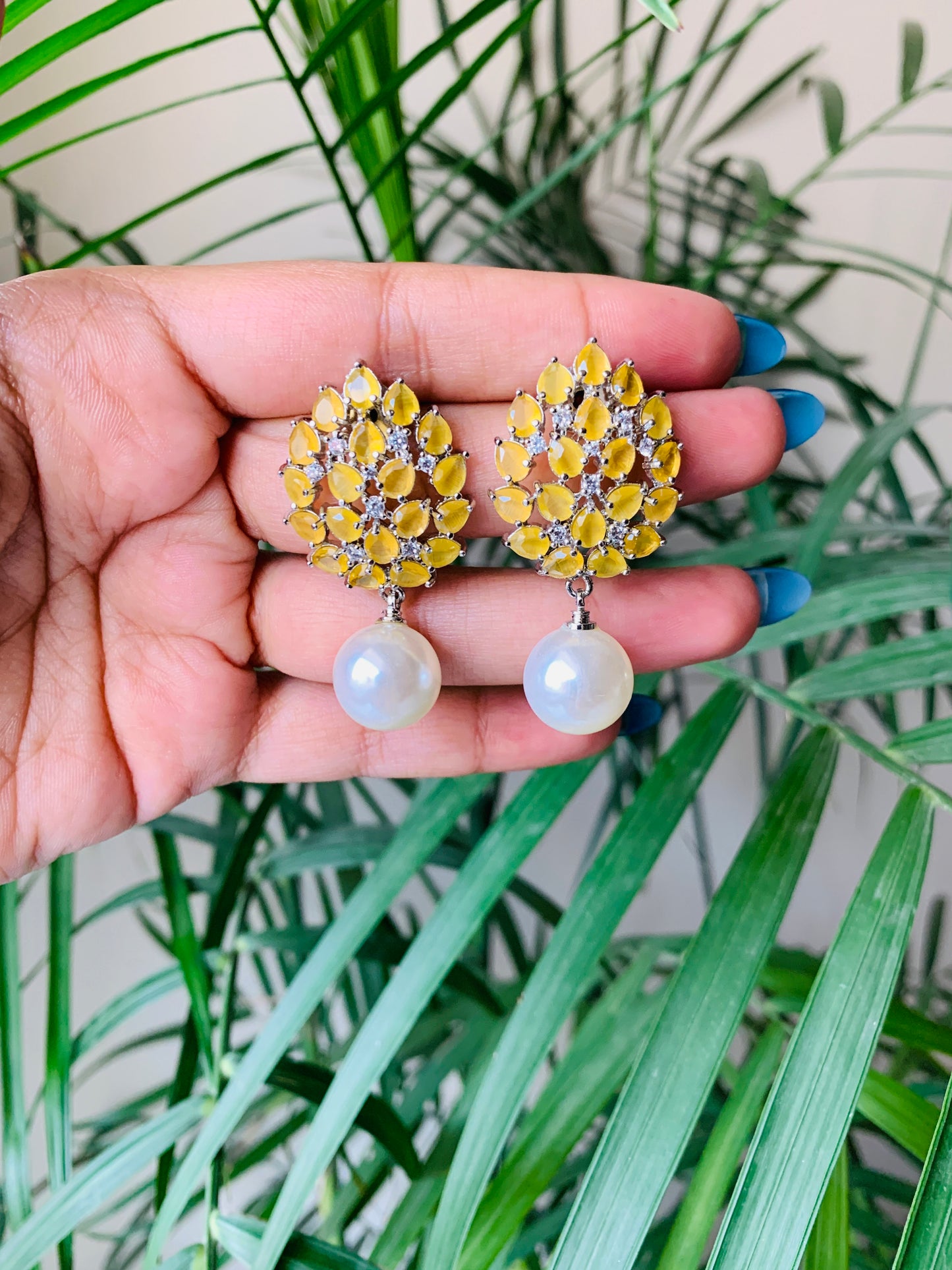 Leaf Stud Earrings with Pearl Drop