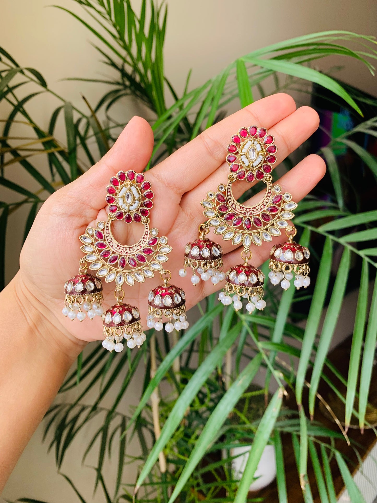 Traditional Earrings With Three Jhumka Drops