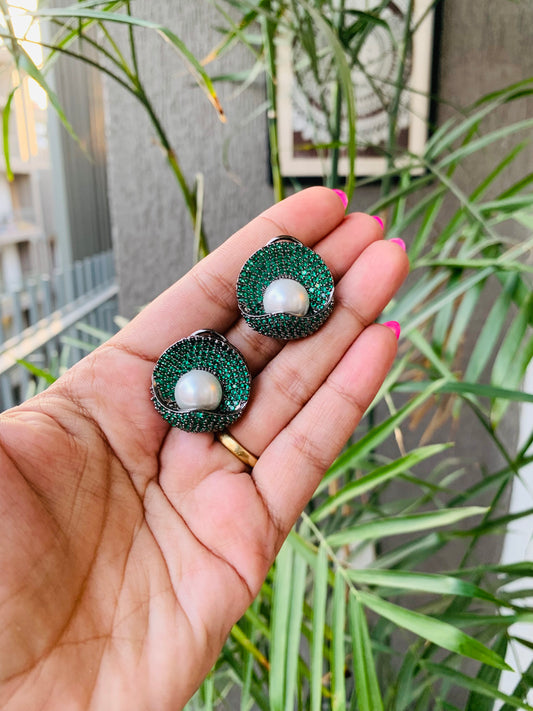 Micro AD Emerald Green Pearl Studs