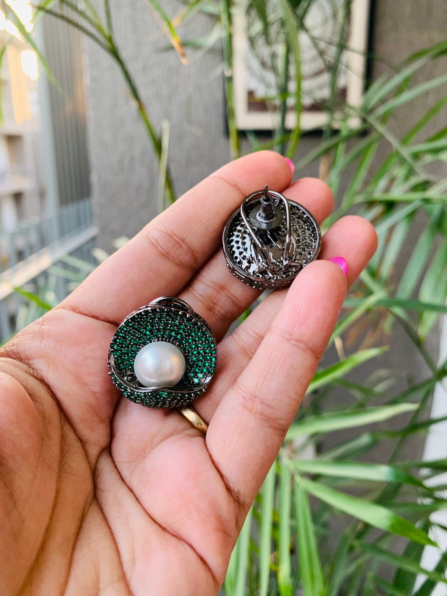 Micro AD Emerald Green Pearl Studs