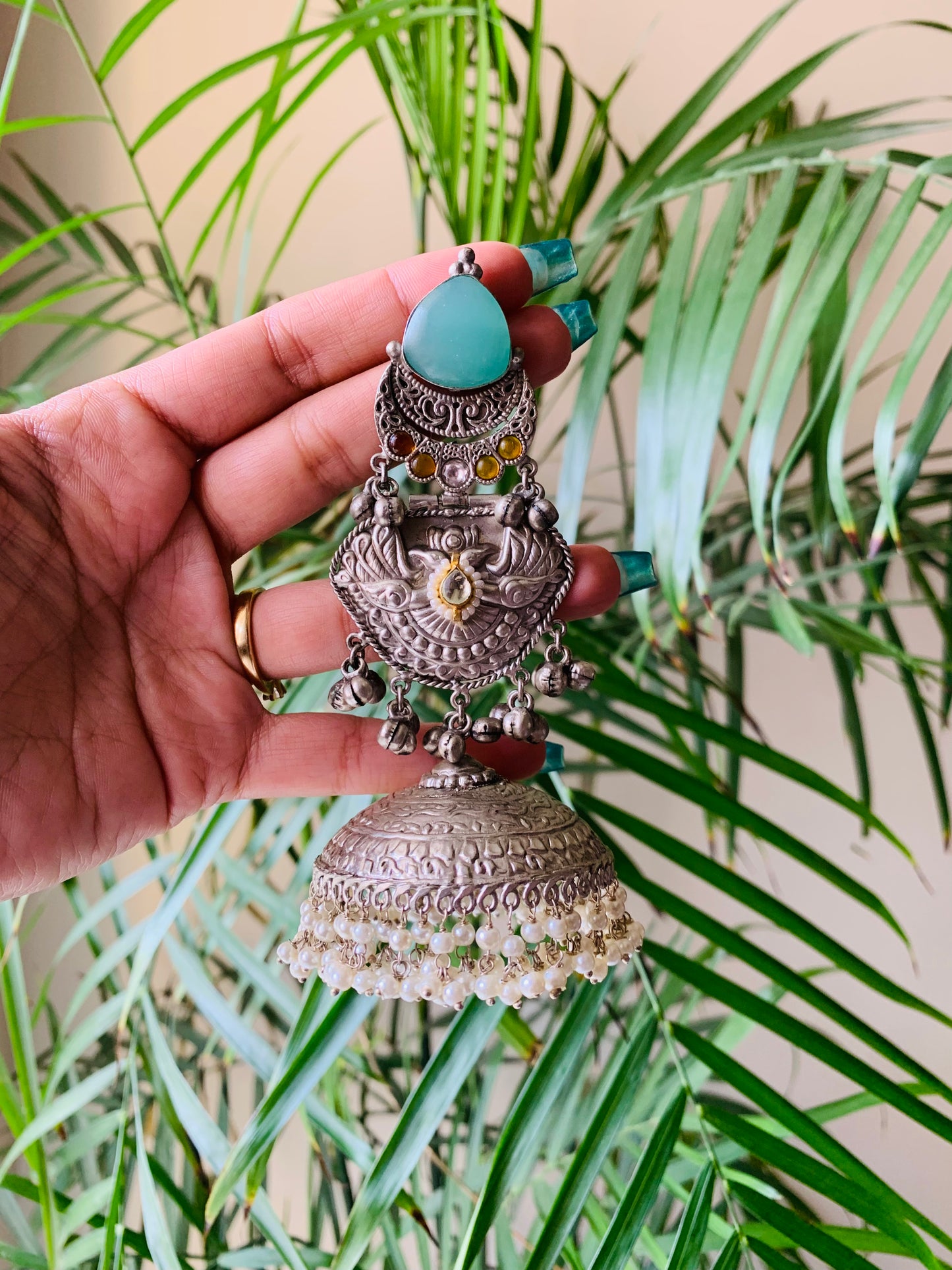 Mint Green Jaipuri Jhumka Earrings