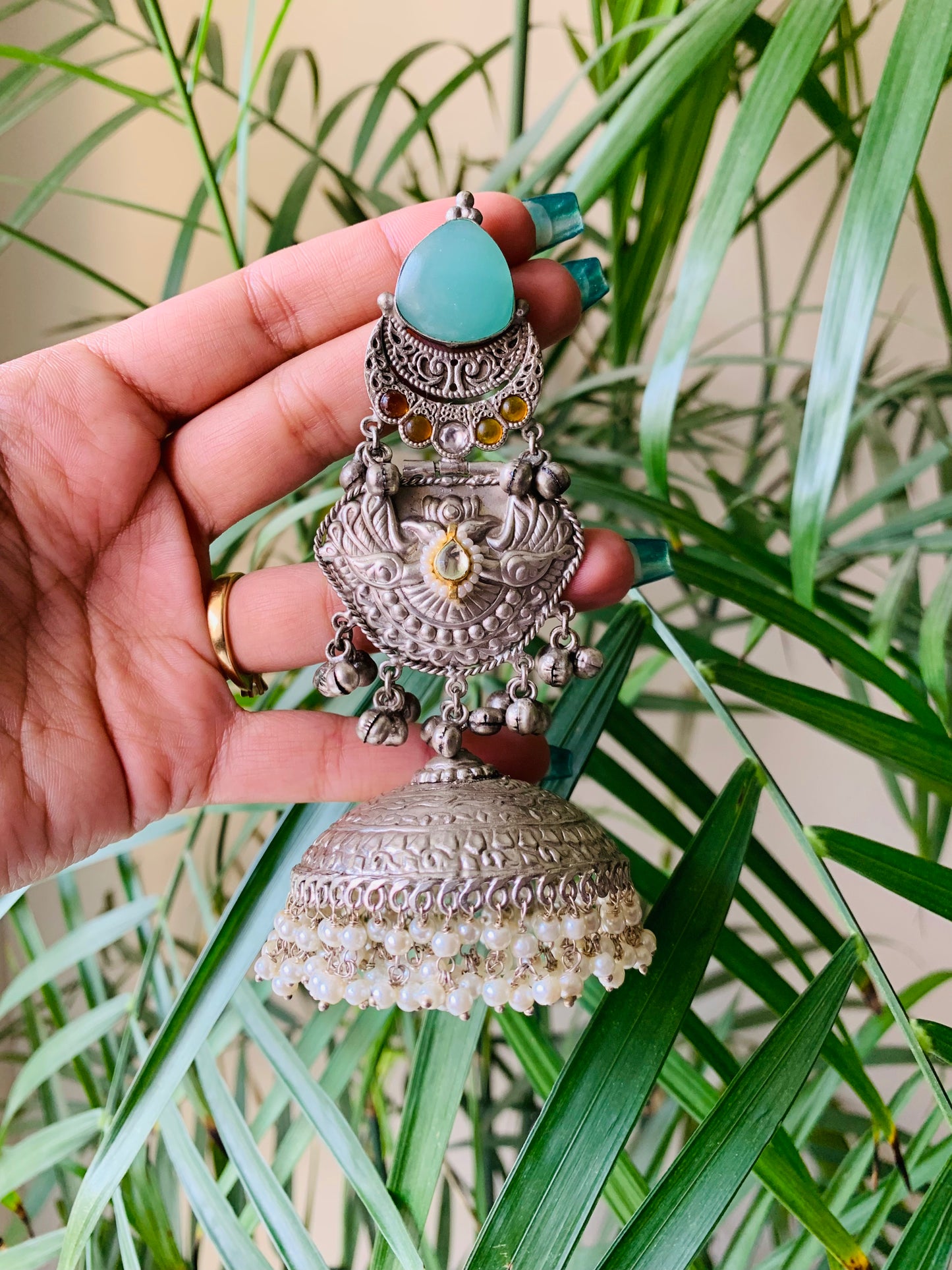 Mint Green Jaipuri Jhumka Earrings