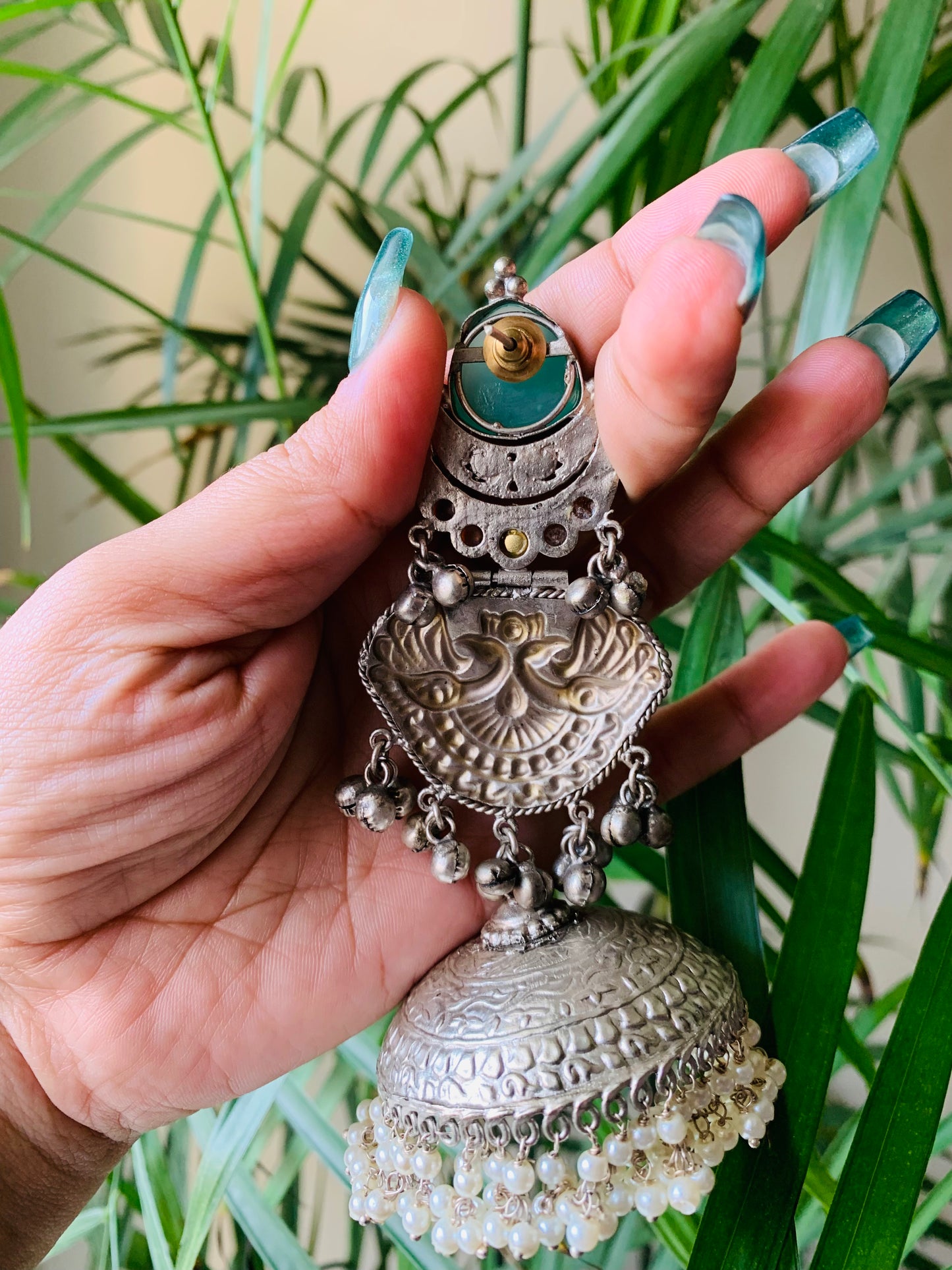 Mint Green Jaipuri Jhumka Earrings