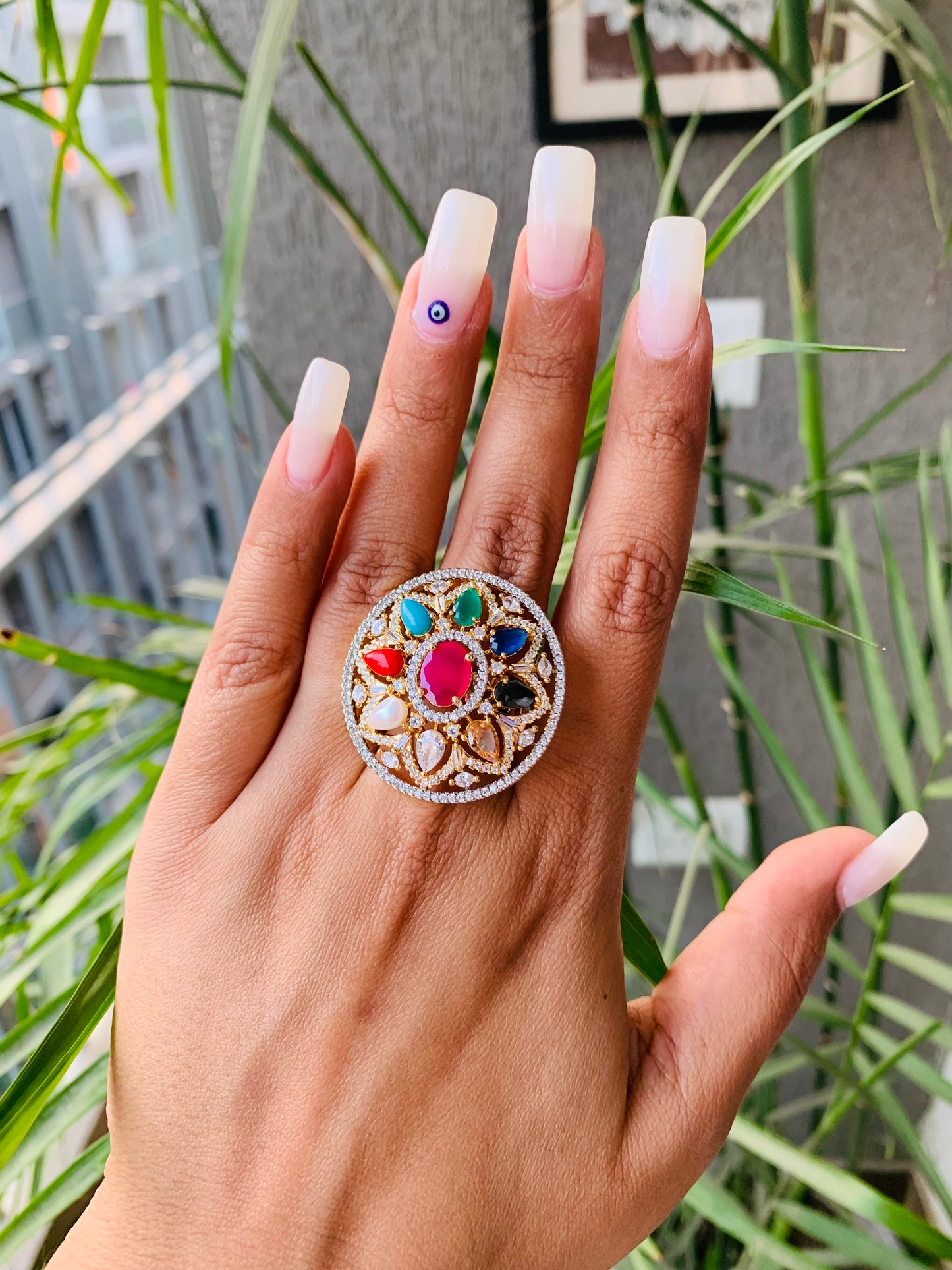 Golden Navratan Cocktail Ring