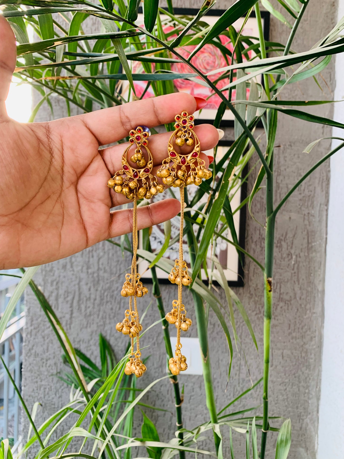 Kashmiri Ruby Golden Long Ghungroo Earrings
