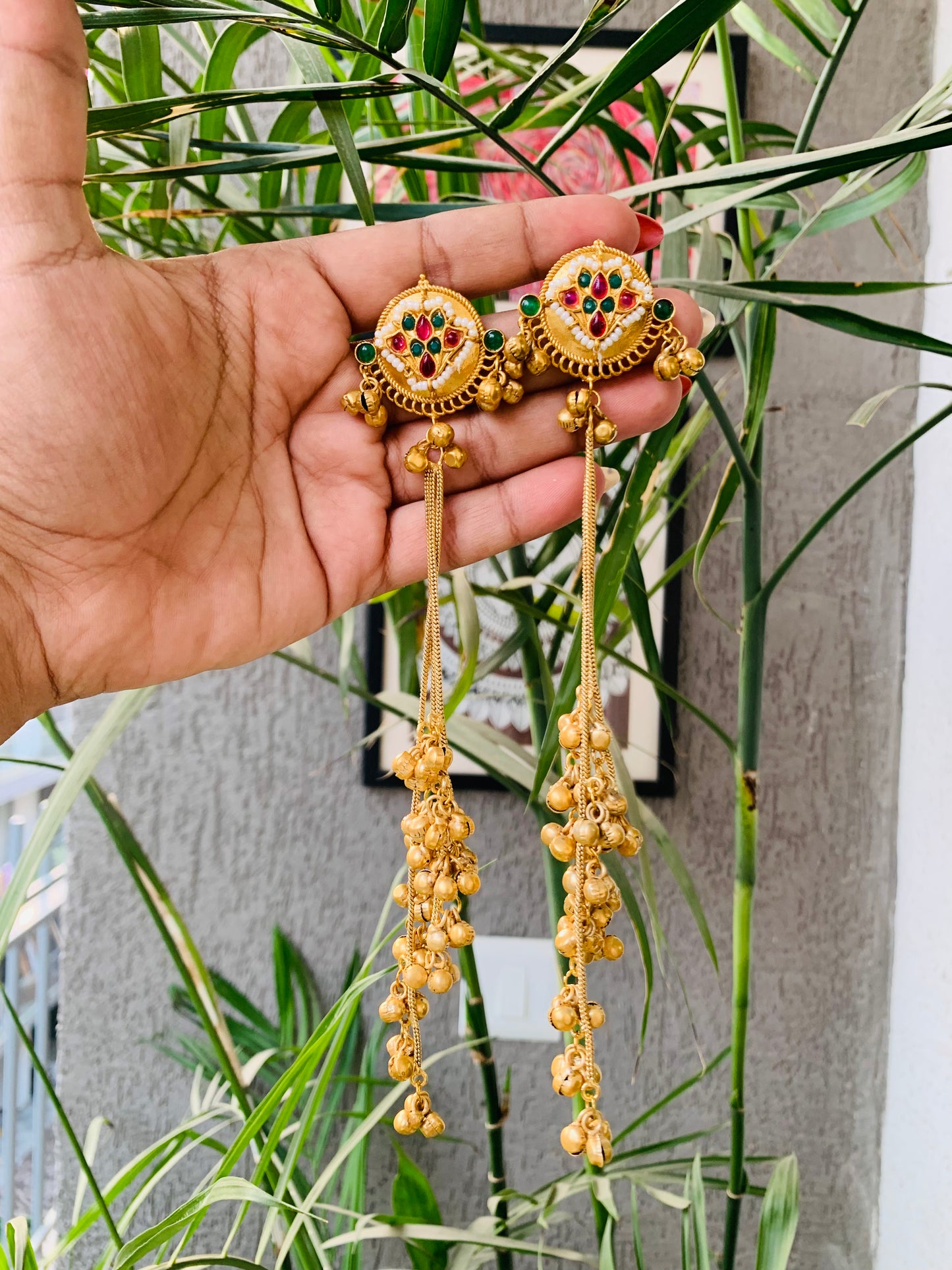 Kashmiri Ruby Emerald Green Pearl Golden Long Ghungroo Earrings