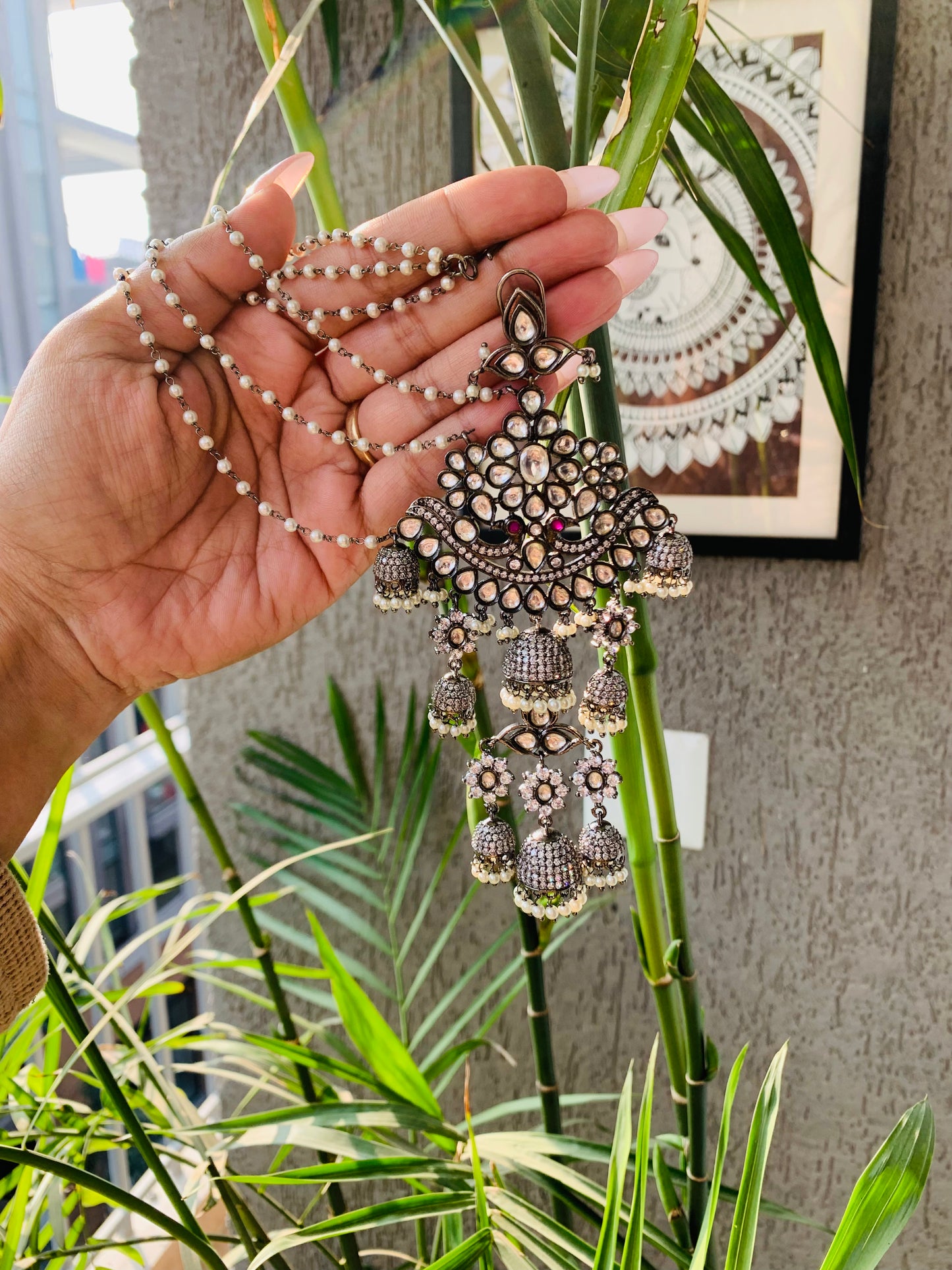 Designer Victorian Polish Earrings with Earchain