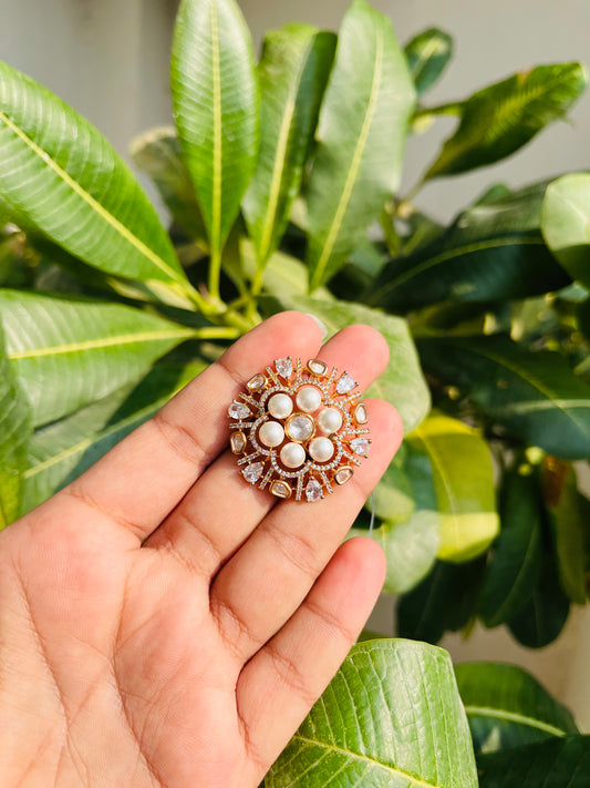 Golden Round Pearls and Kundan Ring