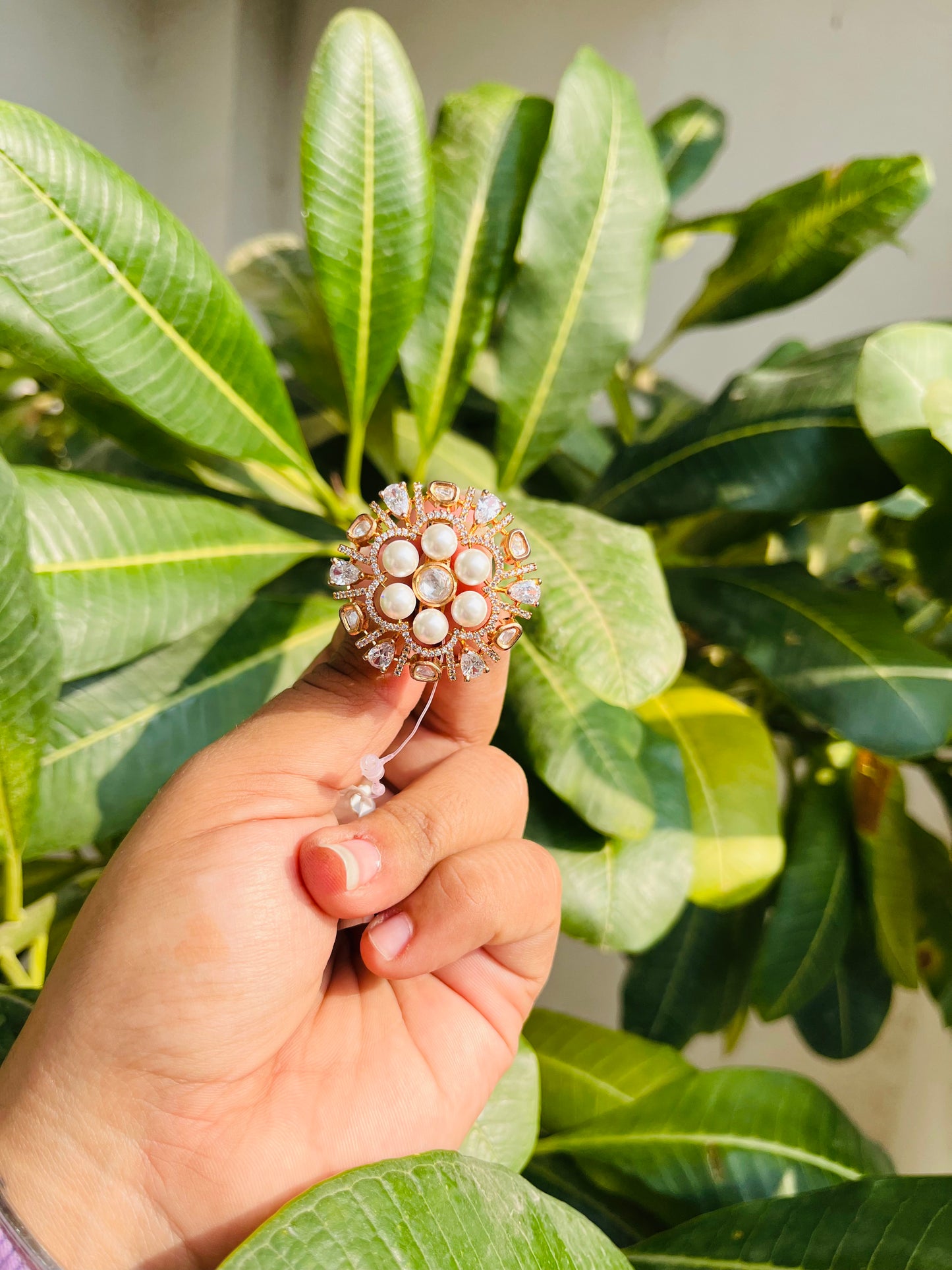Golden Round Pearls and Kundan Ring