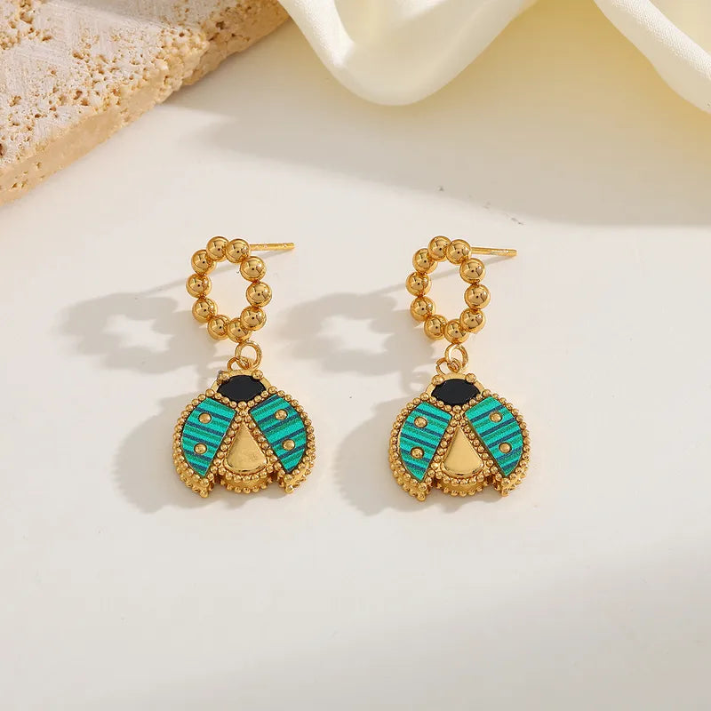 Anti Tarnish Stainless Steel 18K Gold Plated Ladybug Pendant Earrings