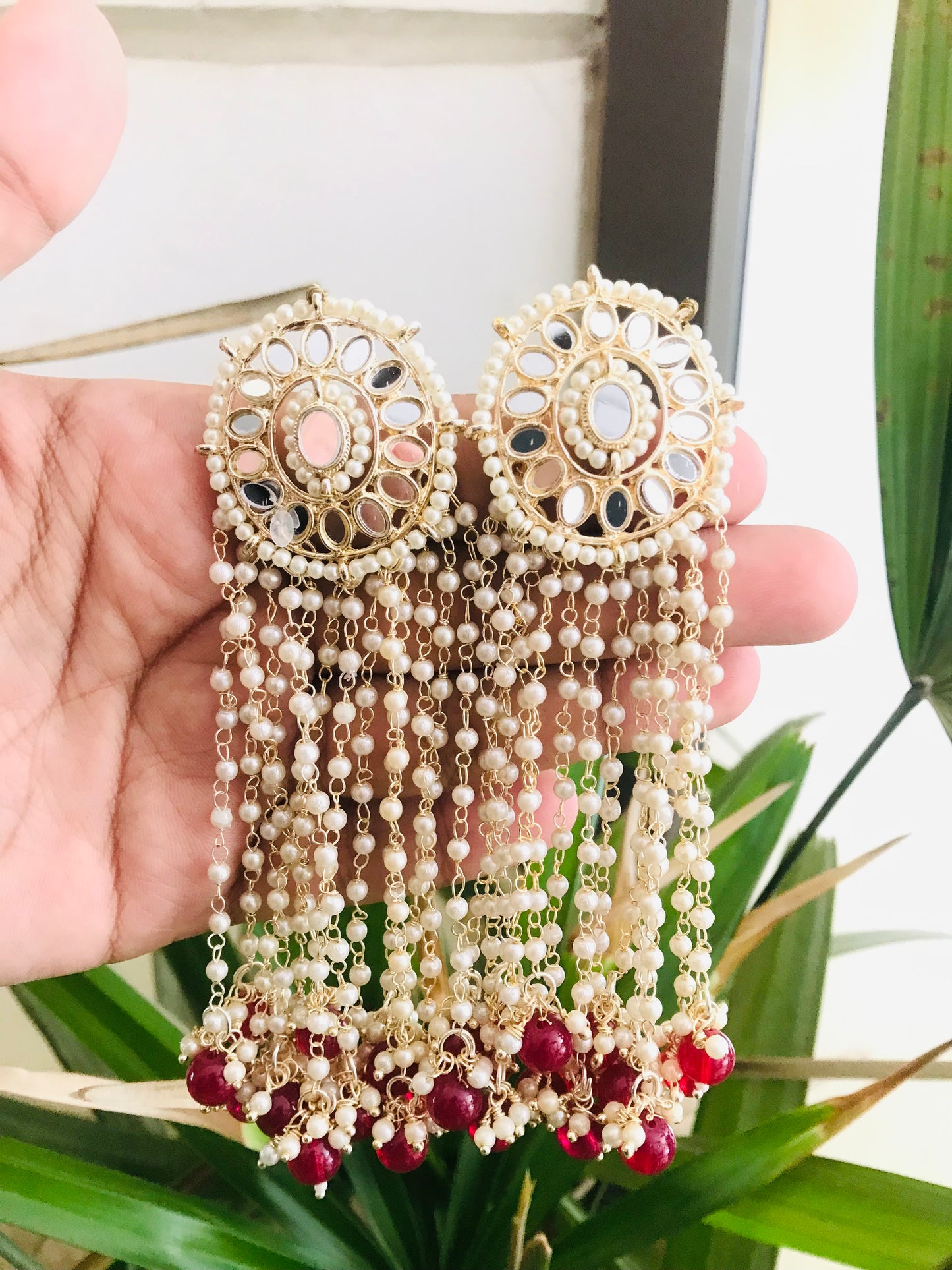 Mirror Studs with Long Pearl Drops