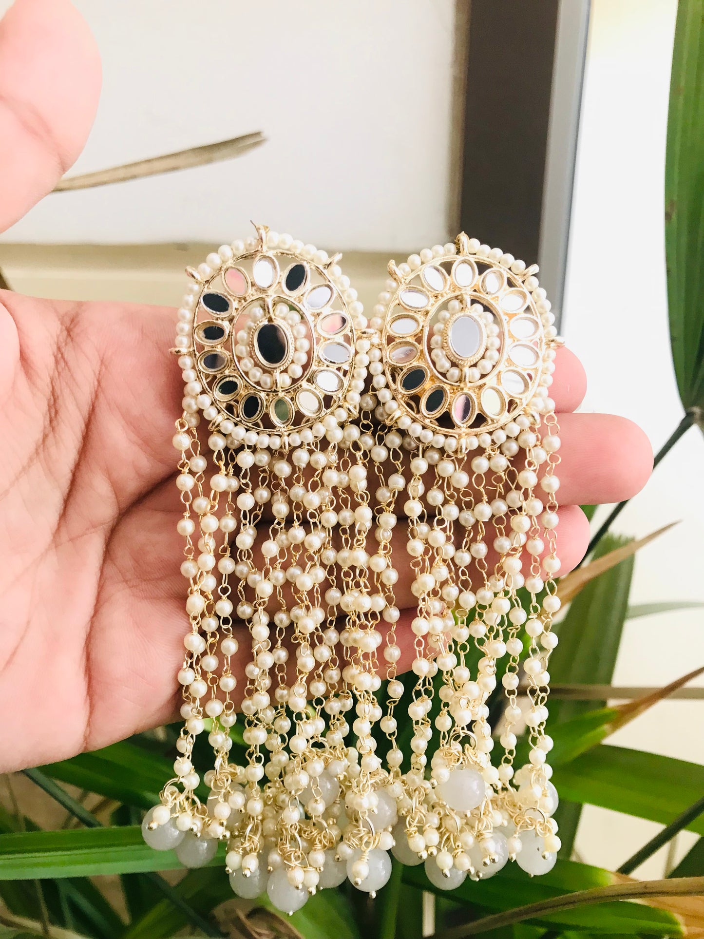 Mirror Studs with Long Pearl Drops