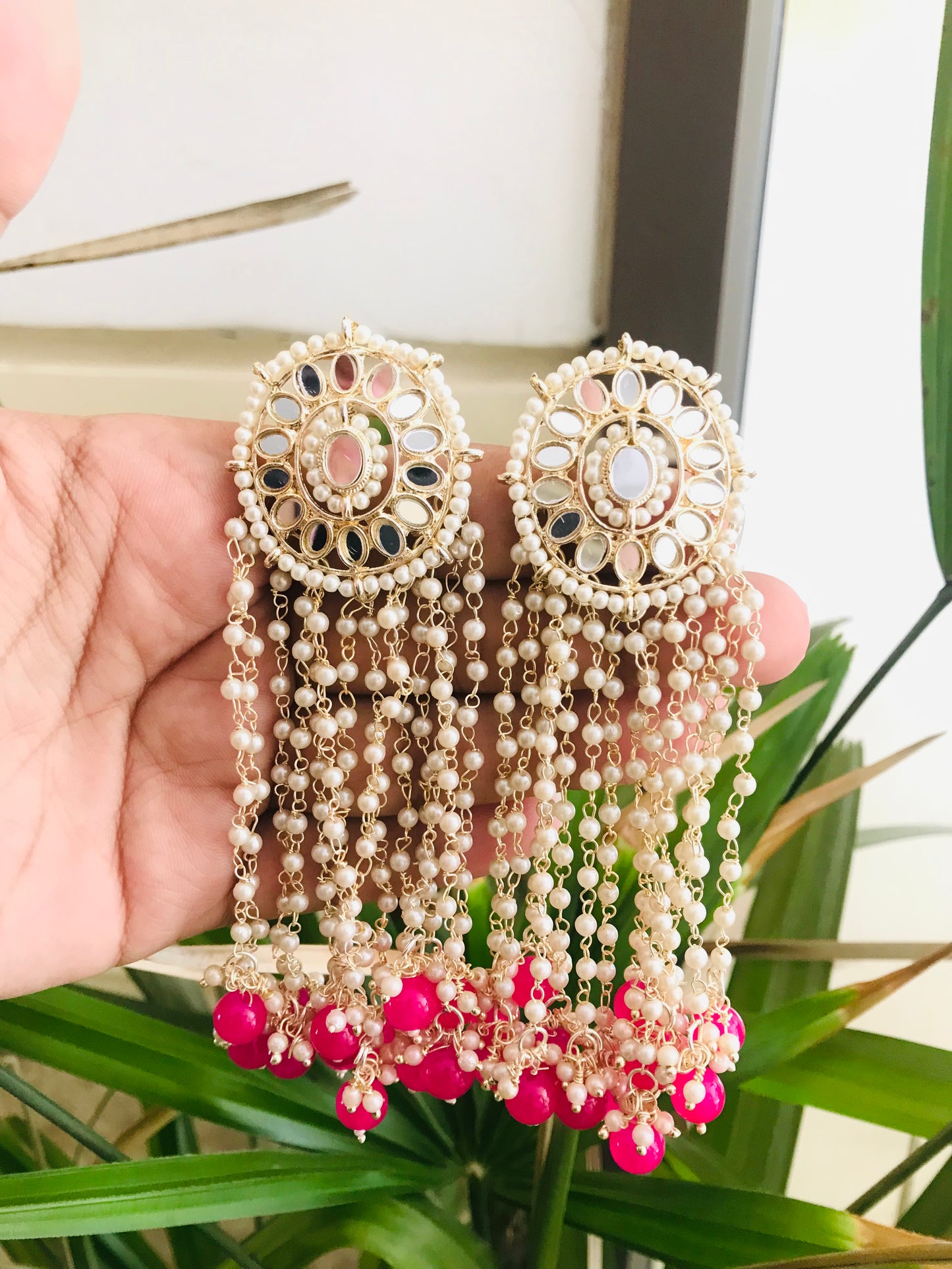 Mirror Studs with Long Pearl Drops