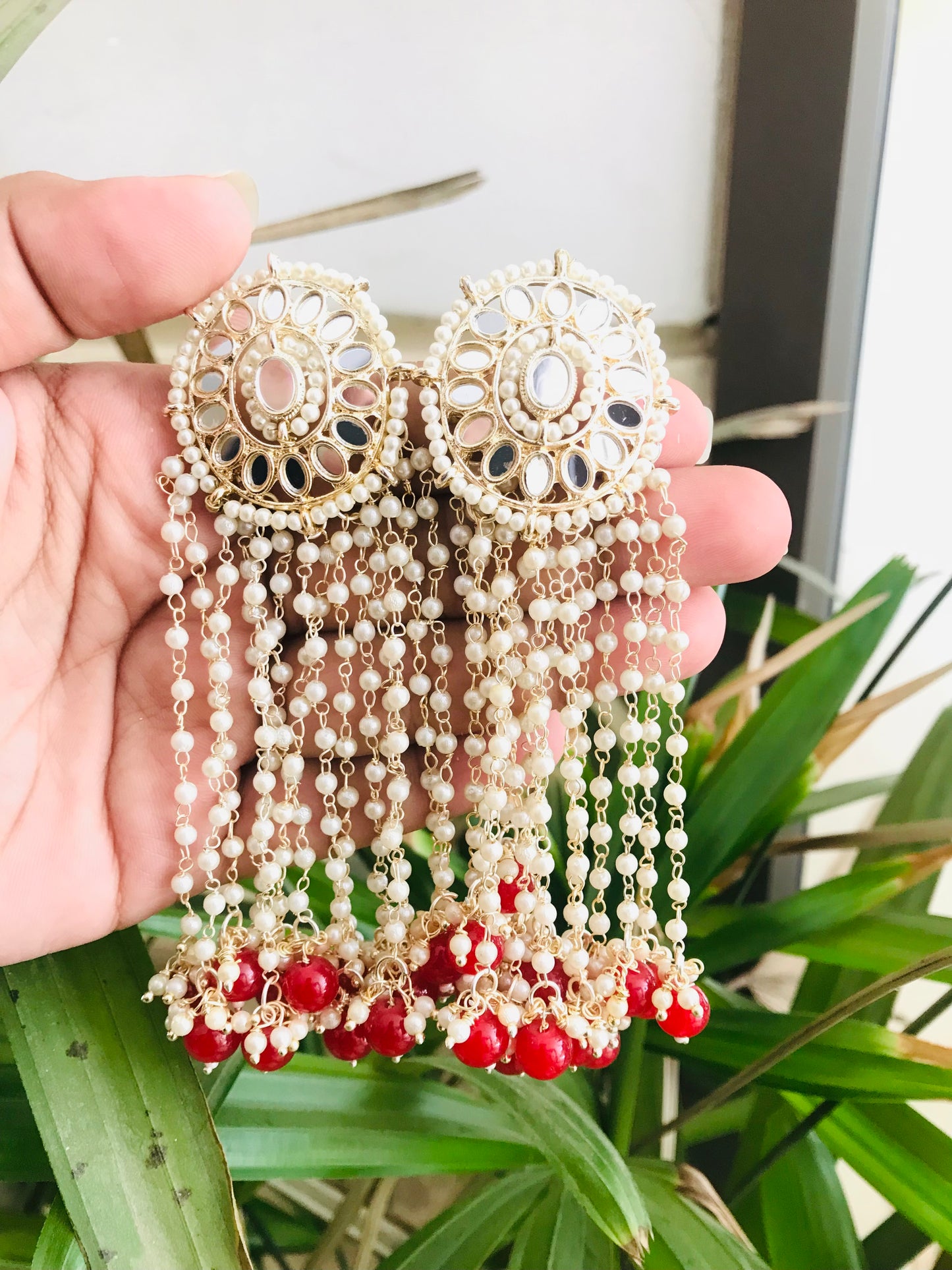 Mirror Studs with Long Pearl Drops