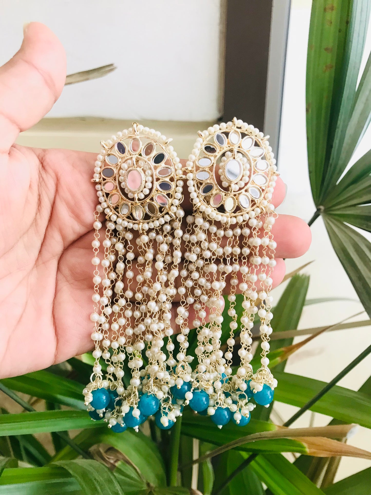 Mirror Studs with Long Pearl Drops