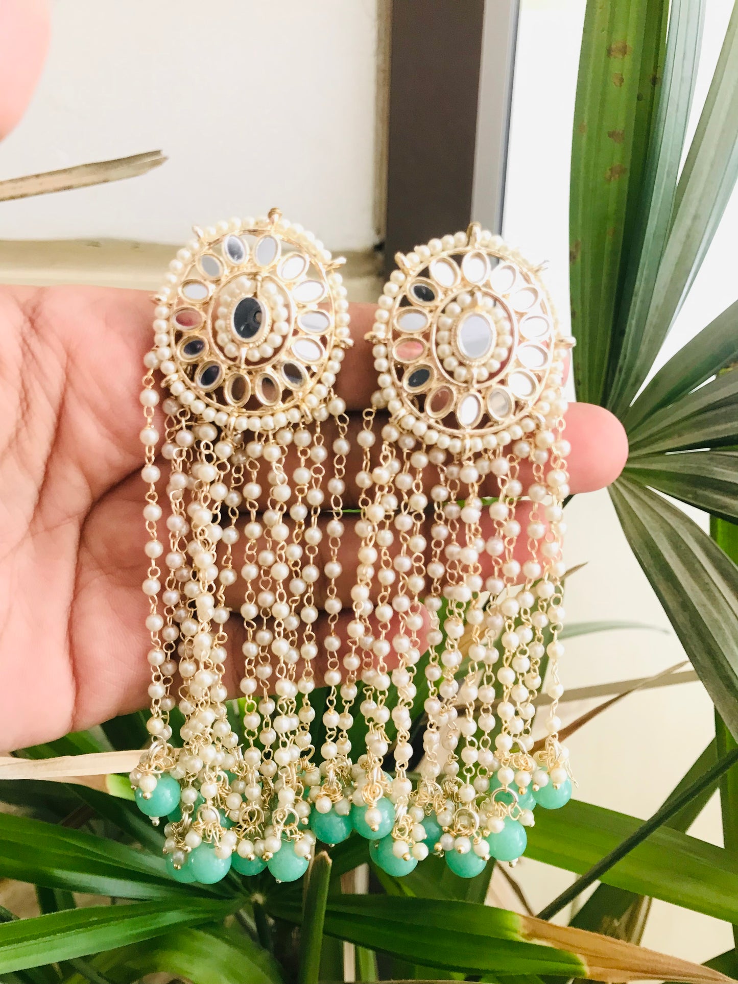 Mirror Studs with Long Pearl Drops