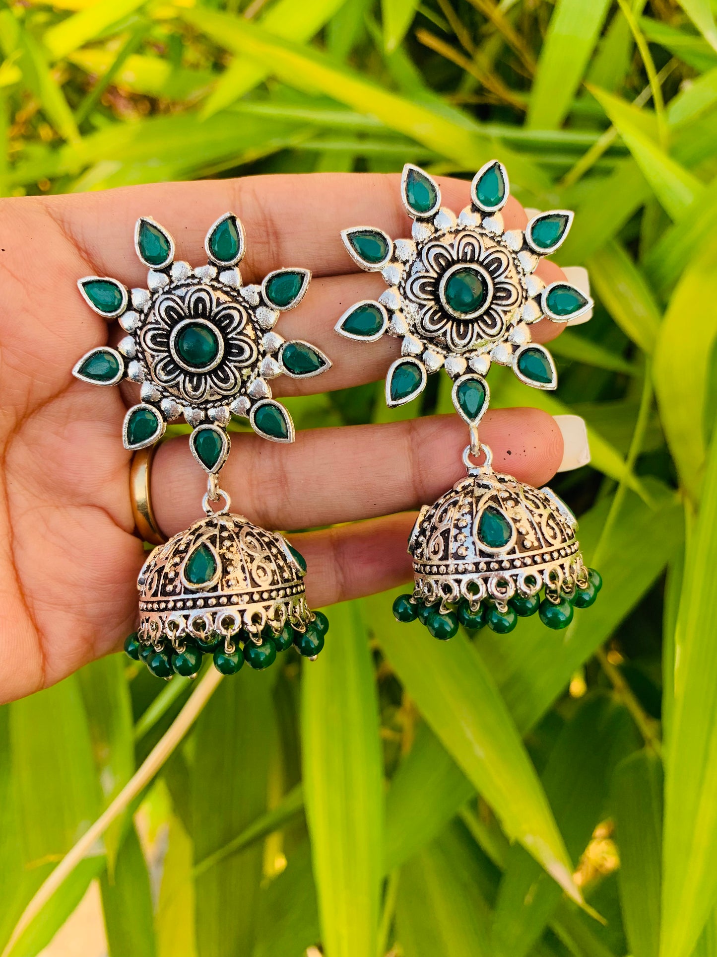 Green Stones Jhumkas