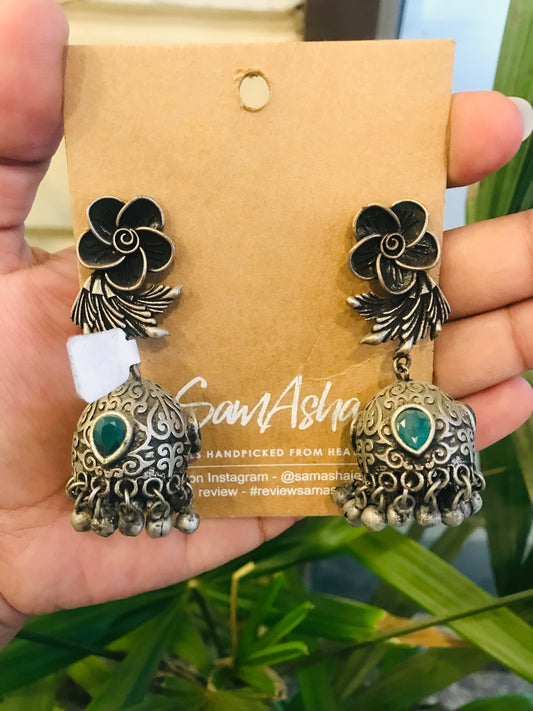 Flower Shaped Studs with Colored Stone Jhumkas
