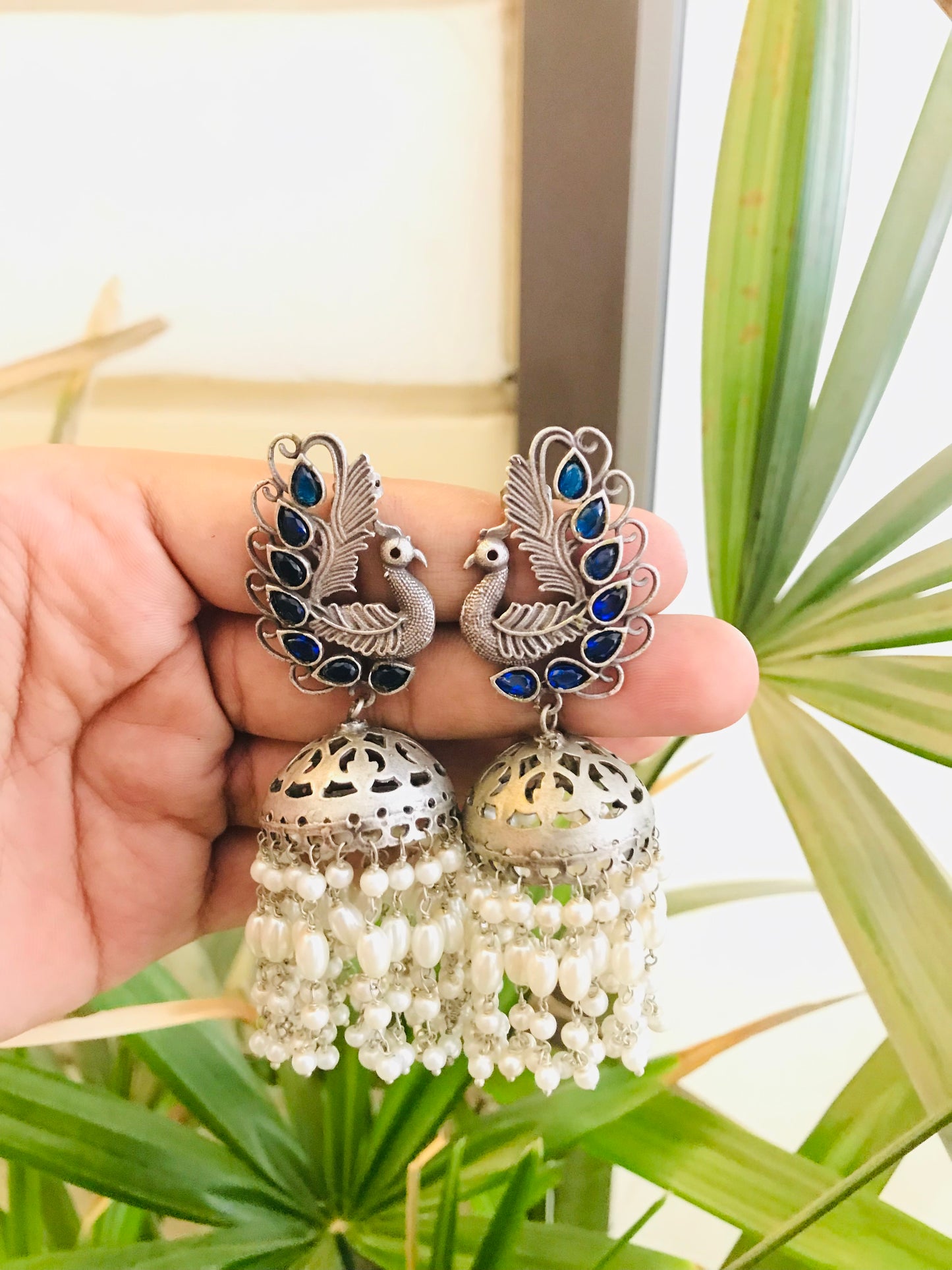 Peacock Blue Stone Jhumkas