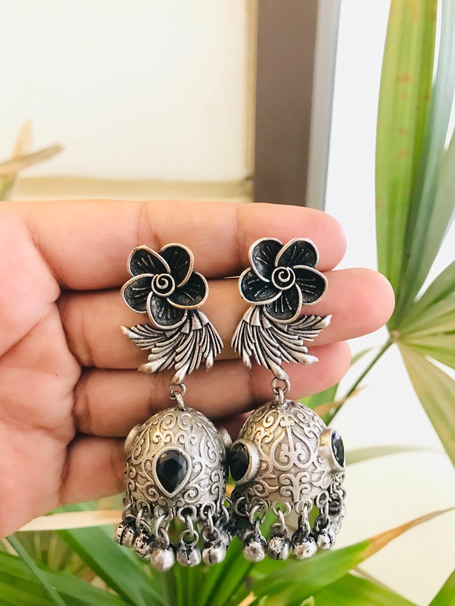 Flower Shaped Studs with Colored Stone Jhumkas