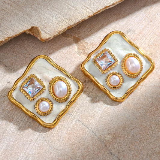 Anti Tarnish Ivory Mosaic Stud Earrings