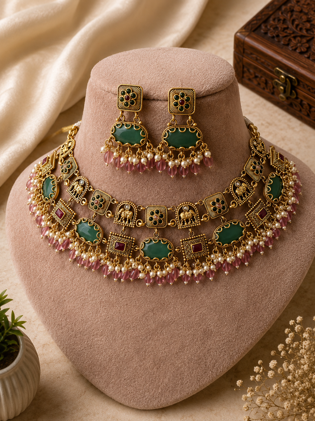 Elephant Temple Choker Necklace Set with Green Stones