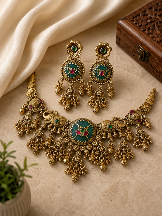 Royal Elephant Temple Choker Necklace Set