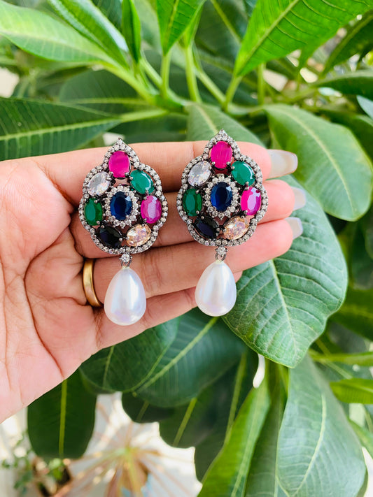 Big Multicolor Stud Earrings with Pearl Drop