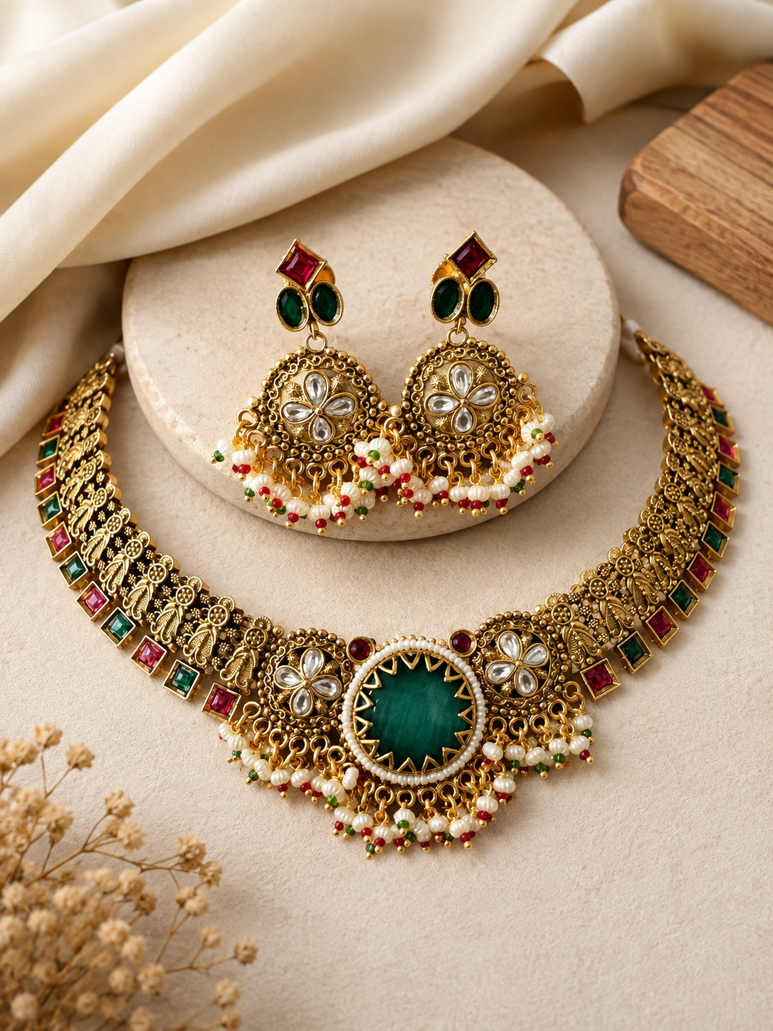 Floral Kundan Temple Choker Necklace Set with Green Center Stone
