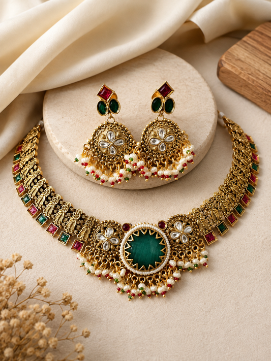 Floral Kundan Temple Choker Necklace Set with Green Center Stone